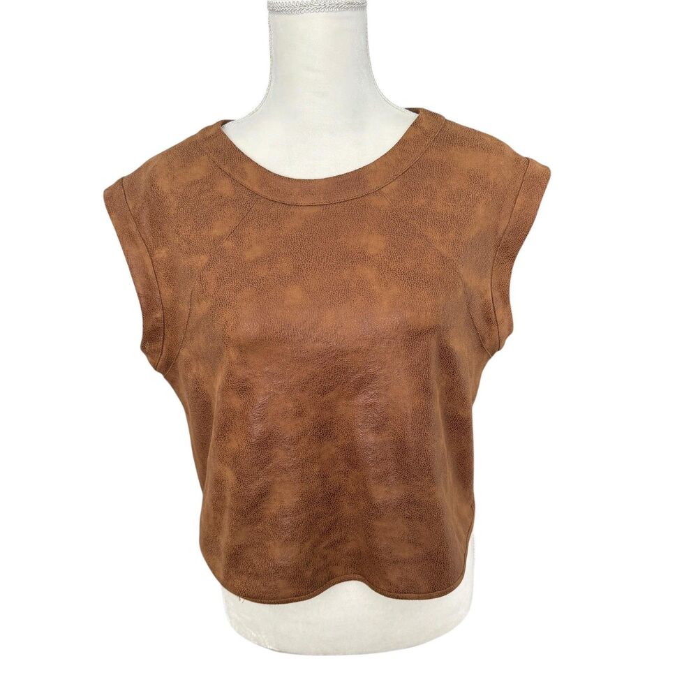 Barneys New York Womens 8 Brown Faux Leather Cropped Sleeveless Top USA